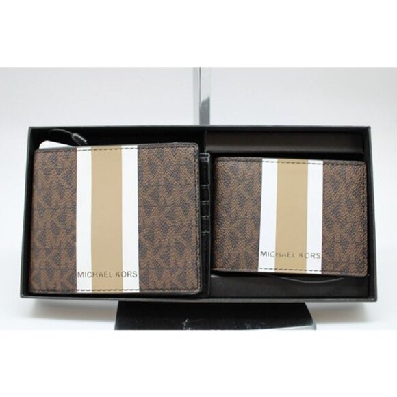 Michael kors mens 3 in 1 wallet card case gift box set -Khaki